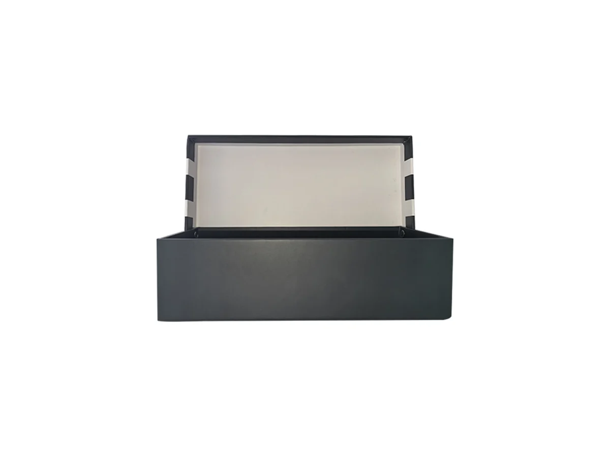 Black hinged apparel presentation box sample on white