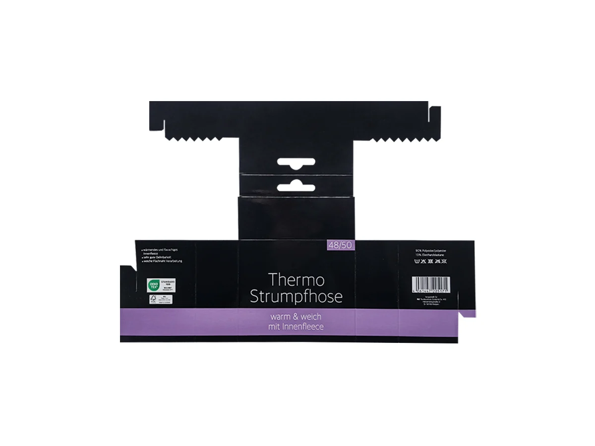 Black and purple die-cut paper retail sleeve sample for hosiery